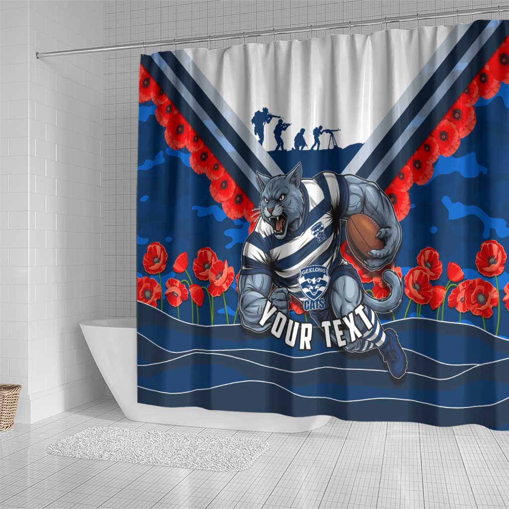 Personalised Geelong Cats ANZAC Shower Curtain Military Remembrance Australian Football Mascot Camouflage