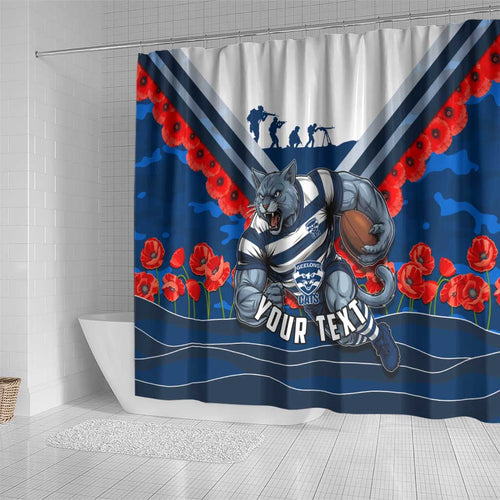 Personalised Geelong Cats ANZAC Shower Curtain Military Remembrance Australian Football Mascot Camouflage