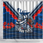 Personalised Geelong Cats ANZAC Shower Curtain Military Remembrance Australian Football Mascot Camouflage