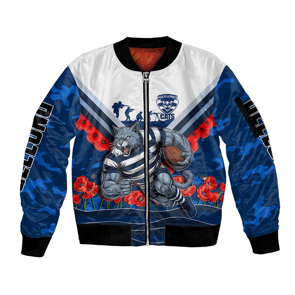 Personalised Geelong Cats ANZAC Sleeve Zip Bomber Jacket Military Remembrance Australian Football Mascot Camouflage
