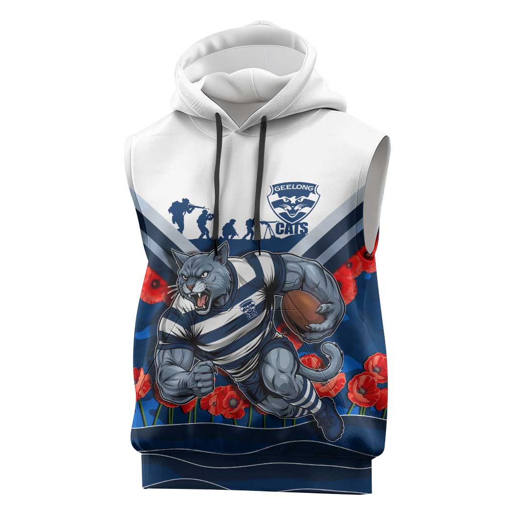 Personalised Geelong Cats ANZAC Sleeveless Hoodie Military Remembrance Australian Football Mascot Camouflage