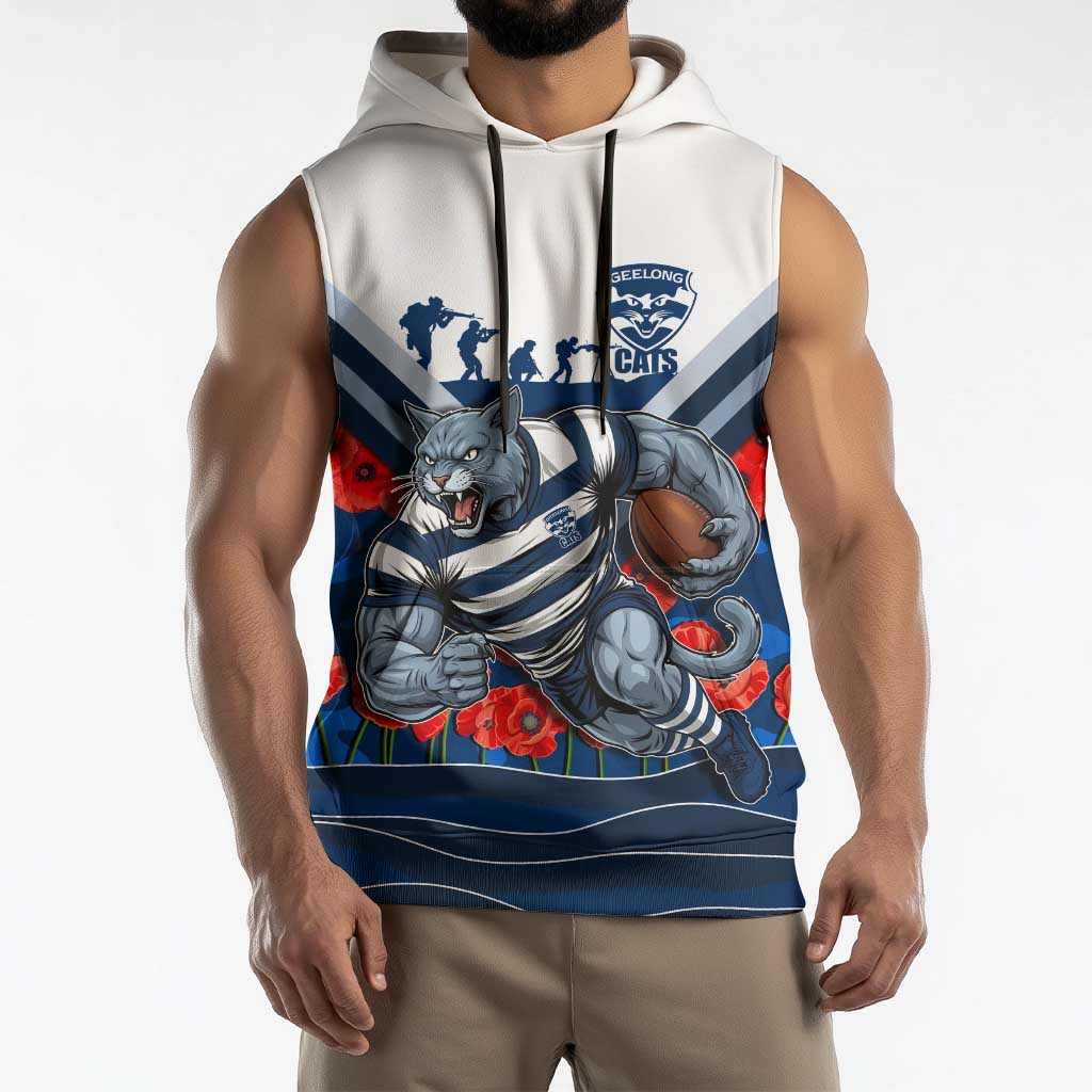 Personalised Geelong Cats ANZAC Sleeveless Hoodie Military Remembrance Australian Football Mascot Camouflage