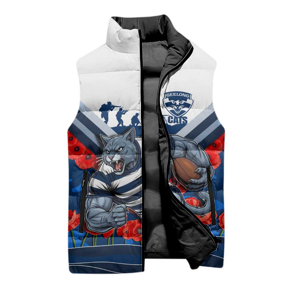Personalised Geelong Cats ANZAC Sleeveless Puffer Jacket Military Remembrance Australian Football Mascot Camouflage