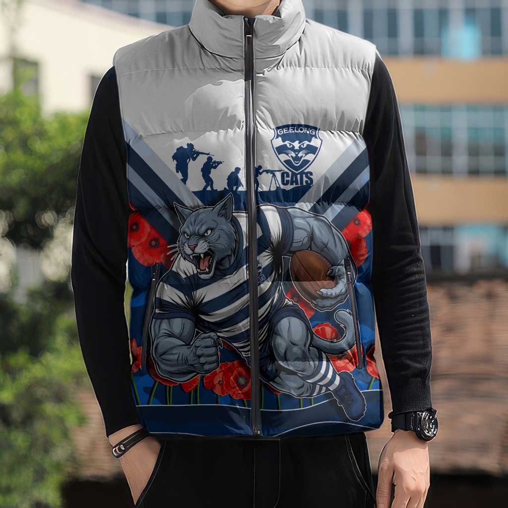 Personalised Geelong Cats ANZAC Sleeveless Puffer Jacket Military Remembrance Australian Football Mascot Camouflage