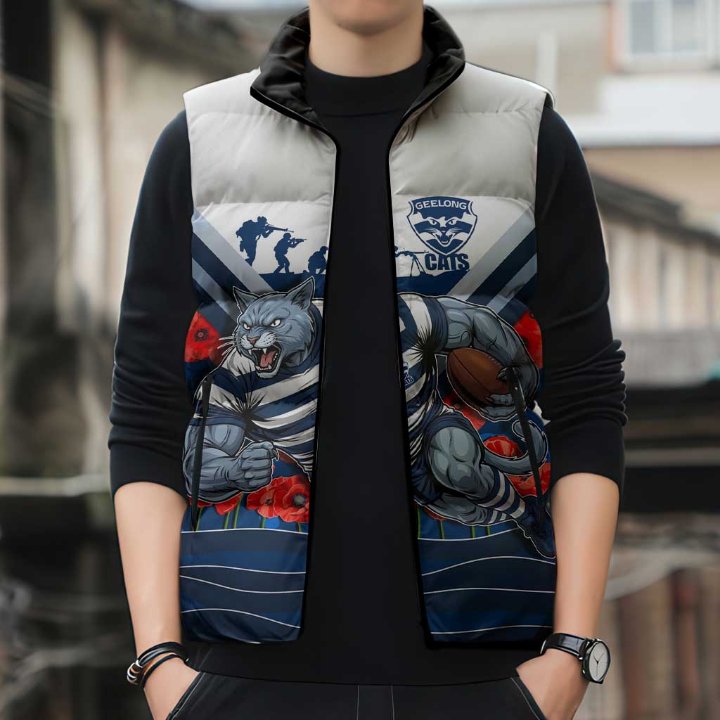 Personalised Geelong Cats ANZAC Sleeveless Puffer Jacket Military Remembrance Australian Football Mascot Camouflage