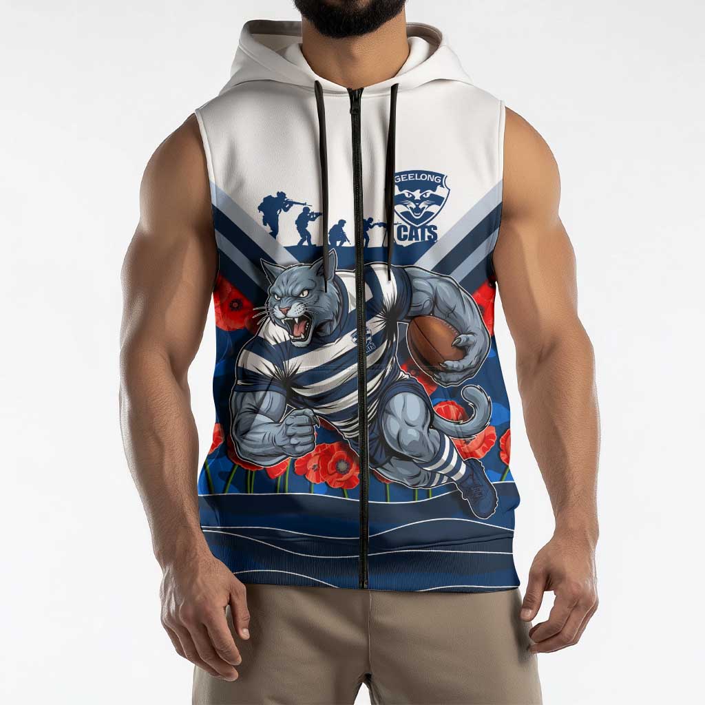 Personalised Geelong Cats ANZAC Sleeveless Zip Hoodie Military Remembrance Australian Football Mascot Camouflage