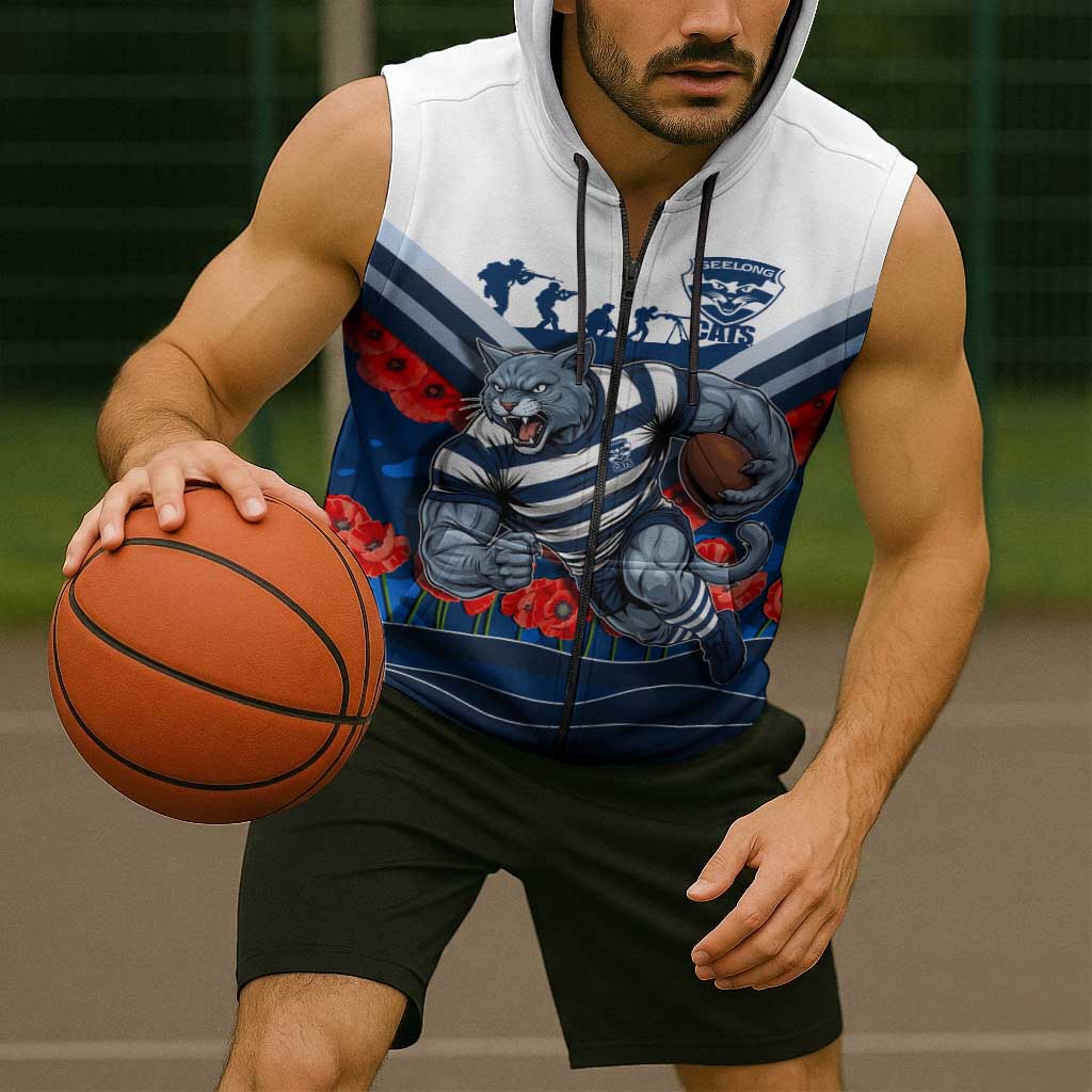 Personalised Geelong Cats ANZAC Sleeveless Zip Hoodie Military Remembrance Australian Football Mascot Camouflage