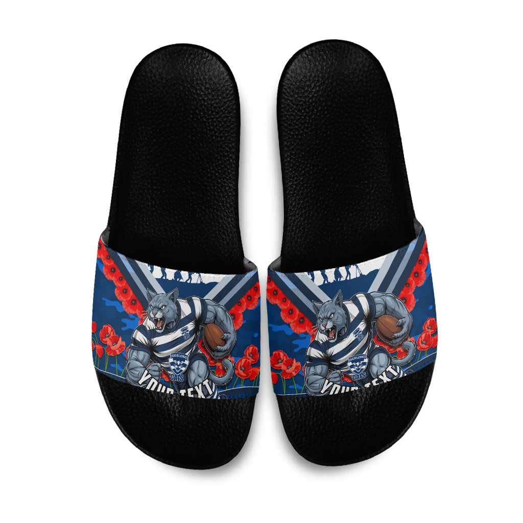 Personalised Geelong Cats ANZAC Slide Sandals Military Remembrance Australian Football Mascot Camouflage
