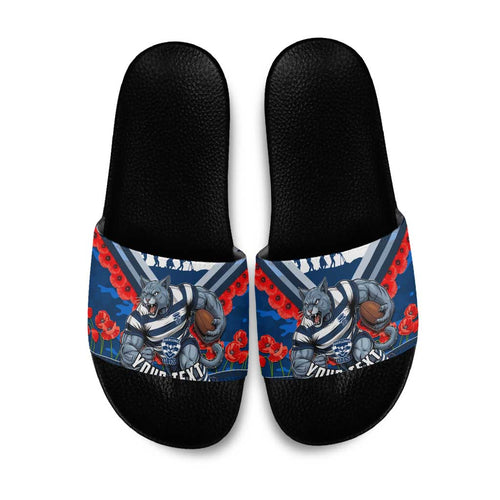 Personalised Geelong Cats ANZAC Slide Sandals Military Remembrance Australian Football Mascot Camouflage