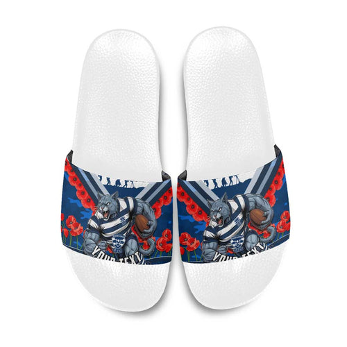 Personalised Geelong Cats ANZAC Slide Sandals Military Remembrance Australian Football Mascot Camouflage