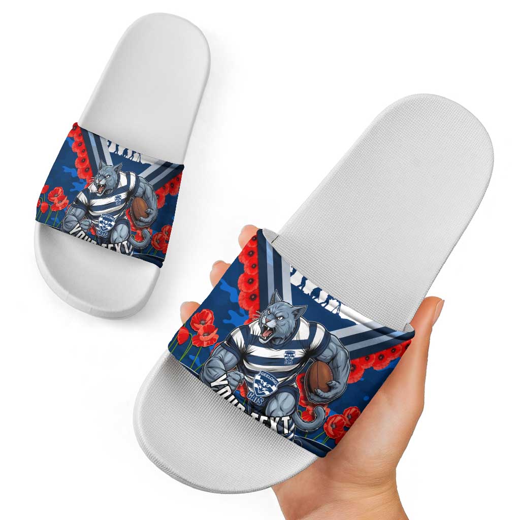 Personalised Geelong Cats ANZAC Slide Sandals Military Remembrance Australian Football Mascot Camouflage