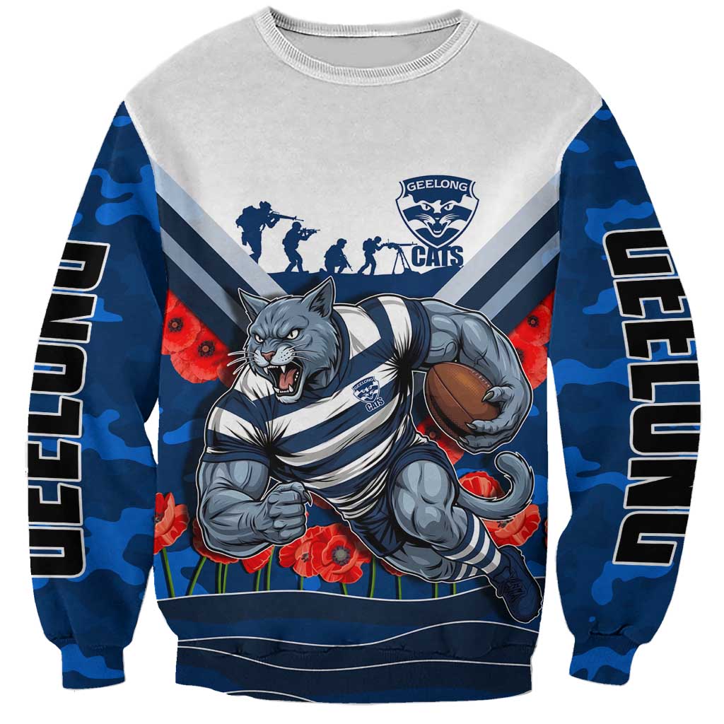 Personalised Geelong Cats ANZAC Sweatshirt Military Remembrance Australian Football Mascot Camouflage
