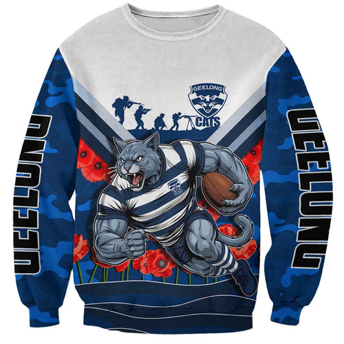 Personalised Geelong Cats ANZAC Sweatshirt Military Remembrance Australian Football Mascot Camouflage