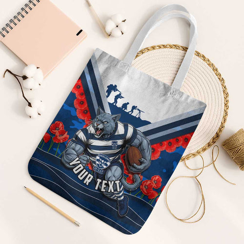 Personalised Geelong Cats ANZAC Tote Bag Military Remembrance Australian Football Mascot Camouflage