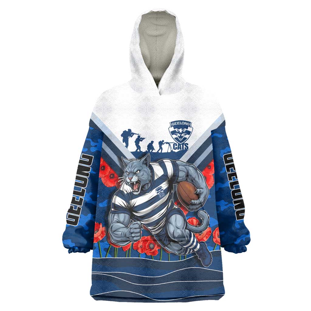 Personalised Geelong Cats ANZAC Wearable Blanket Hoodie Military Remembrance Australian Football Mascot Camouflage