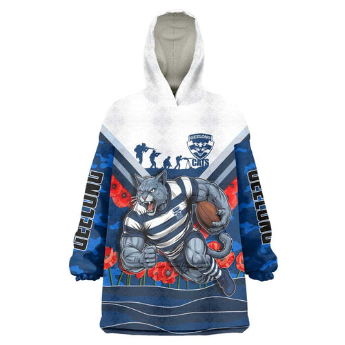 Personalised Geelong Cats ANZAC Wearable Blanket Hoodie Military Remembrance Australian Football Mascot Camouflage
