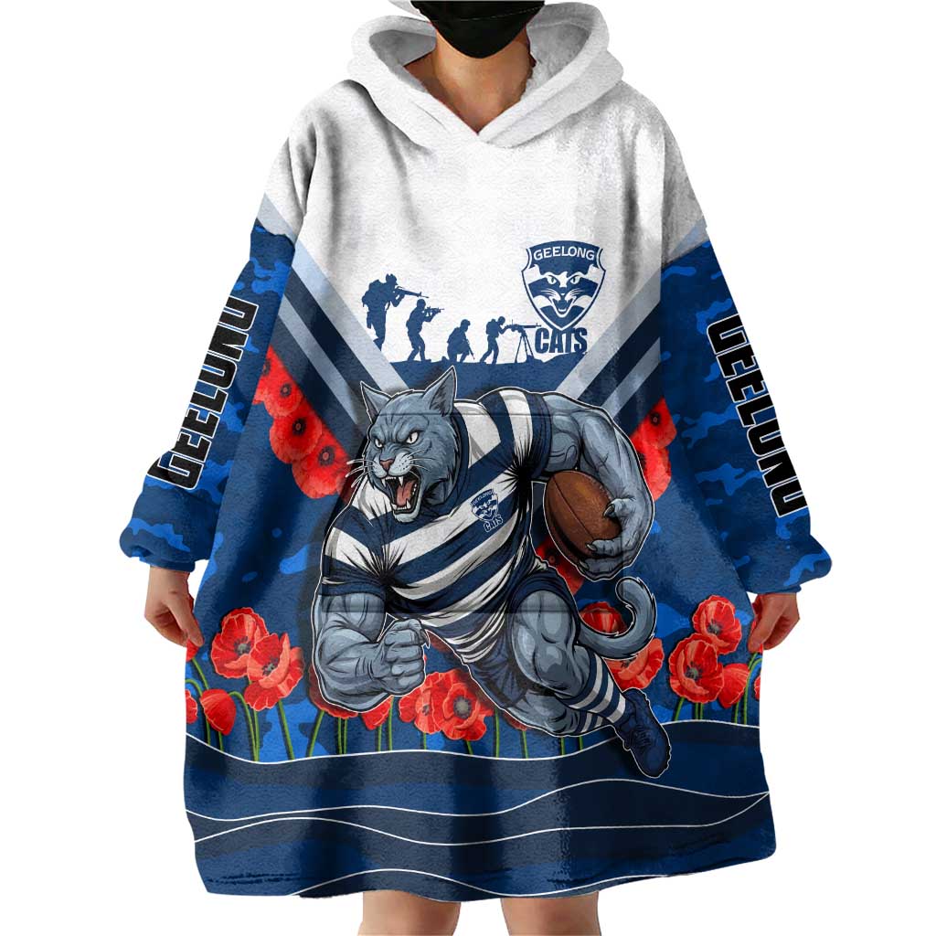 Personalised Geelong Cats ANZAC Wearable Blanket Hoodie Military Remembrance Australian Football Mascot Camouflage