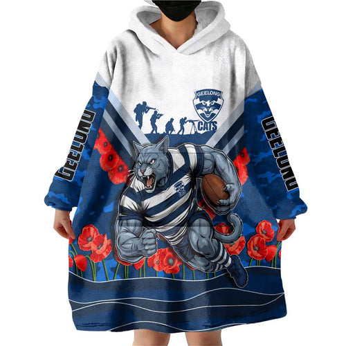 Personalised Geelong Cats ANZAC Wearable Blanket Hoodie Military Remembrance Australian Football Mascot Camouflage
