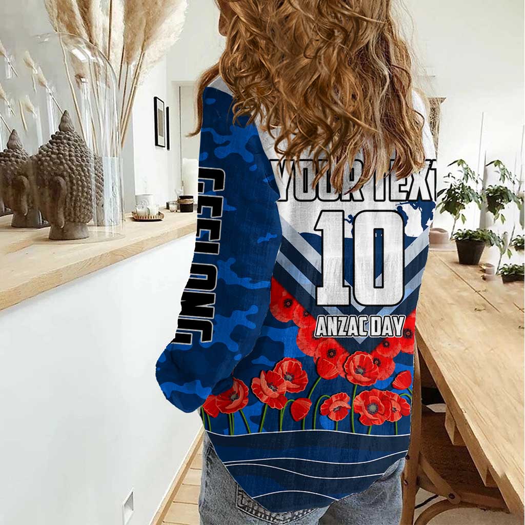 Personalised Geelong Cats ANZAC Women Casual Shirt Military Remembrance Australian Football Mascot Camouflage
