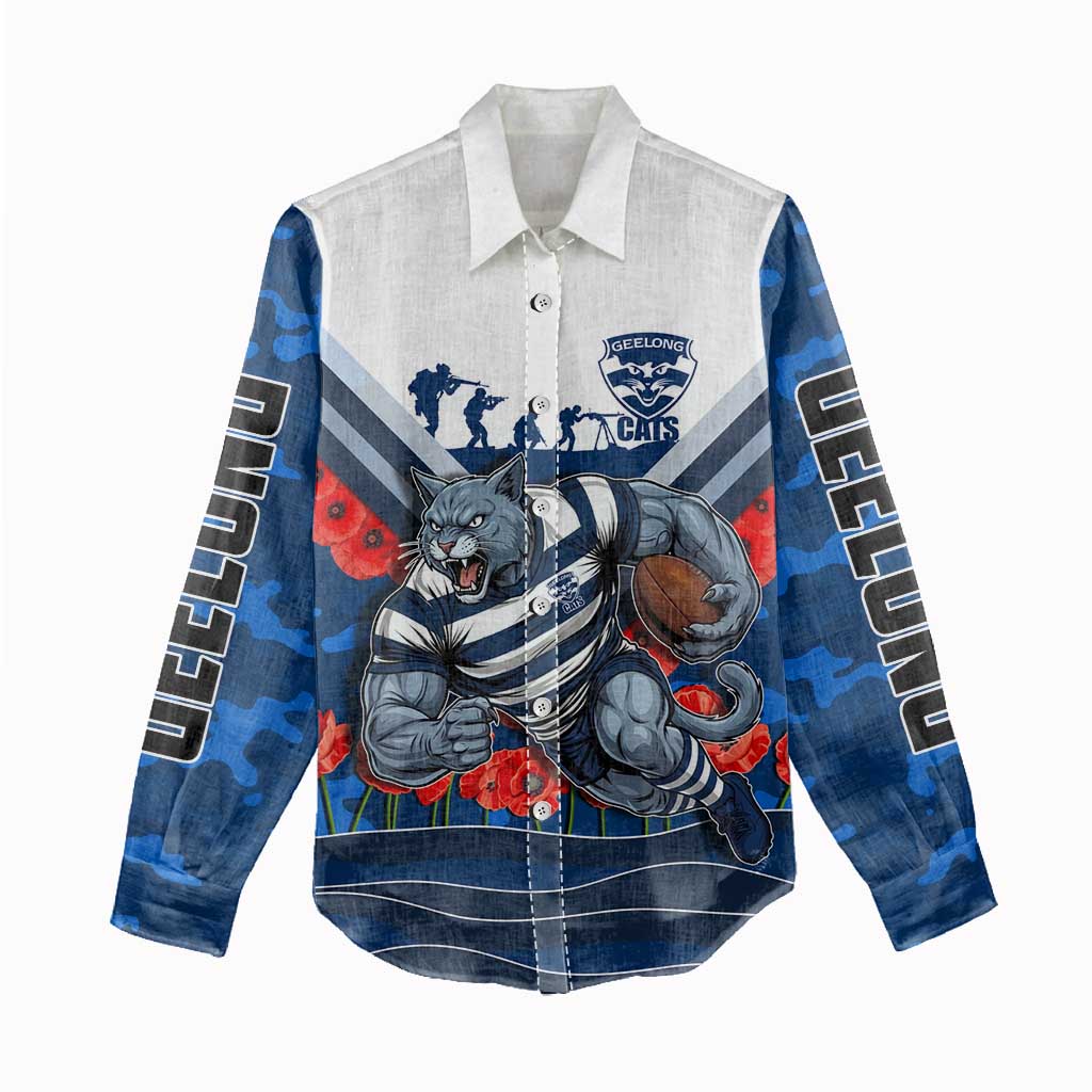 Personalised Geelong Cats ANZAC Women Casual Shirt Military Remembrance Australian Football Mascot Camouflage