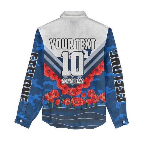 Personalised Geelong Cats ANZAC Women Casual Shirt Military Remembrance Australian Football Mascot Camouflage