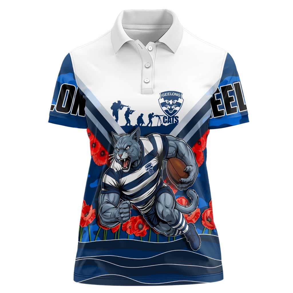 Personalised Geelong Cats ANZAC Women Polo Shirt Military Remembrance Australian Football Mascot Camouflage