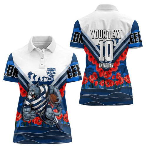 Personalised Geelong Cats ANZAC Women Polo Shirt Military Remembrance Australian Football Mascot Camouflage
