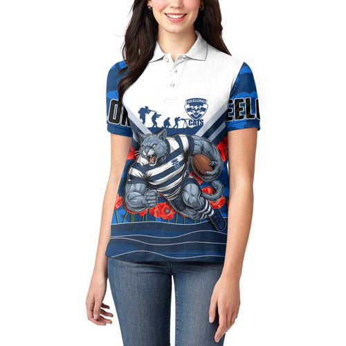 Personalised Geelong Cats ANZAC Women Polo Shirt Military Remembrance Australian Football Mascot Camouflage