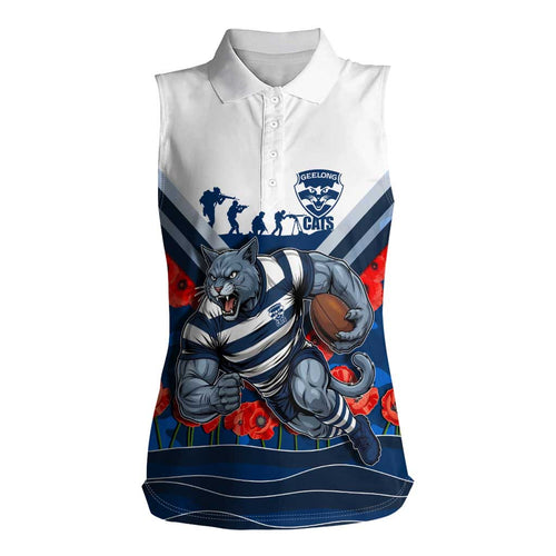 Personalised Geelong Cats ANZAC Women Sleeveless Polo Shirt Military Remembrance Australian Football Mascot Camouflage