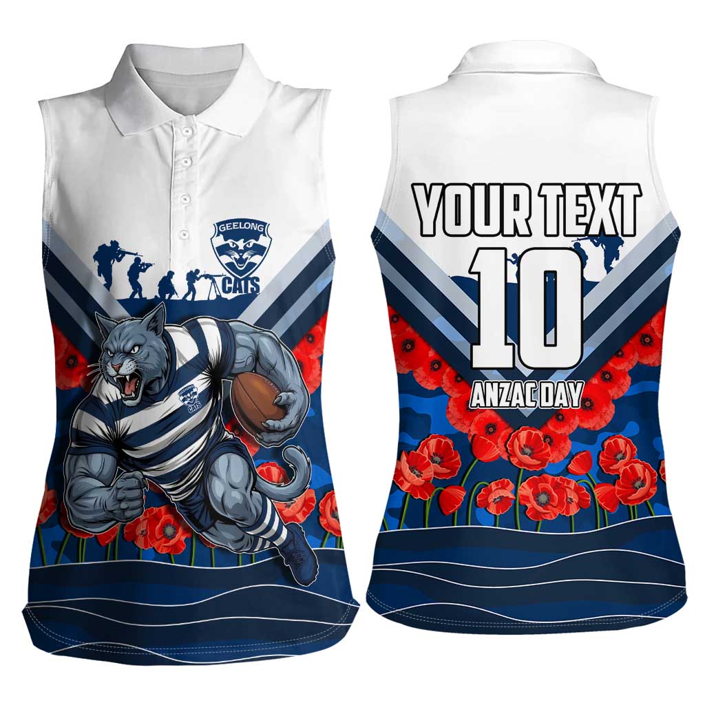 Personalised Geelong Cats ANZAC Women Sleeveless Polo Shirt Military Remembrance Australian Football Mascot Camouflage