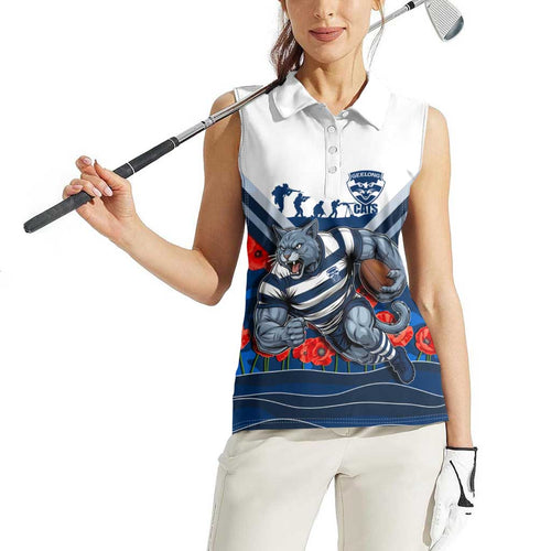 Personalised Geelong Cats ANZAC Women Sleeveless Polo Shirt Military Remembrance Australian Football Mascot Camouflage