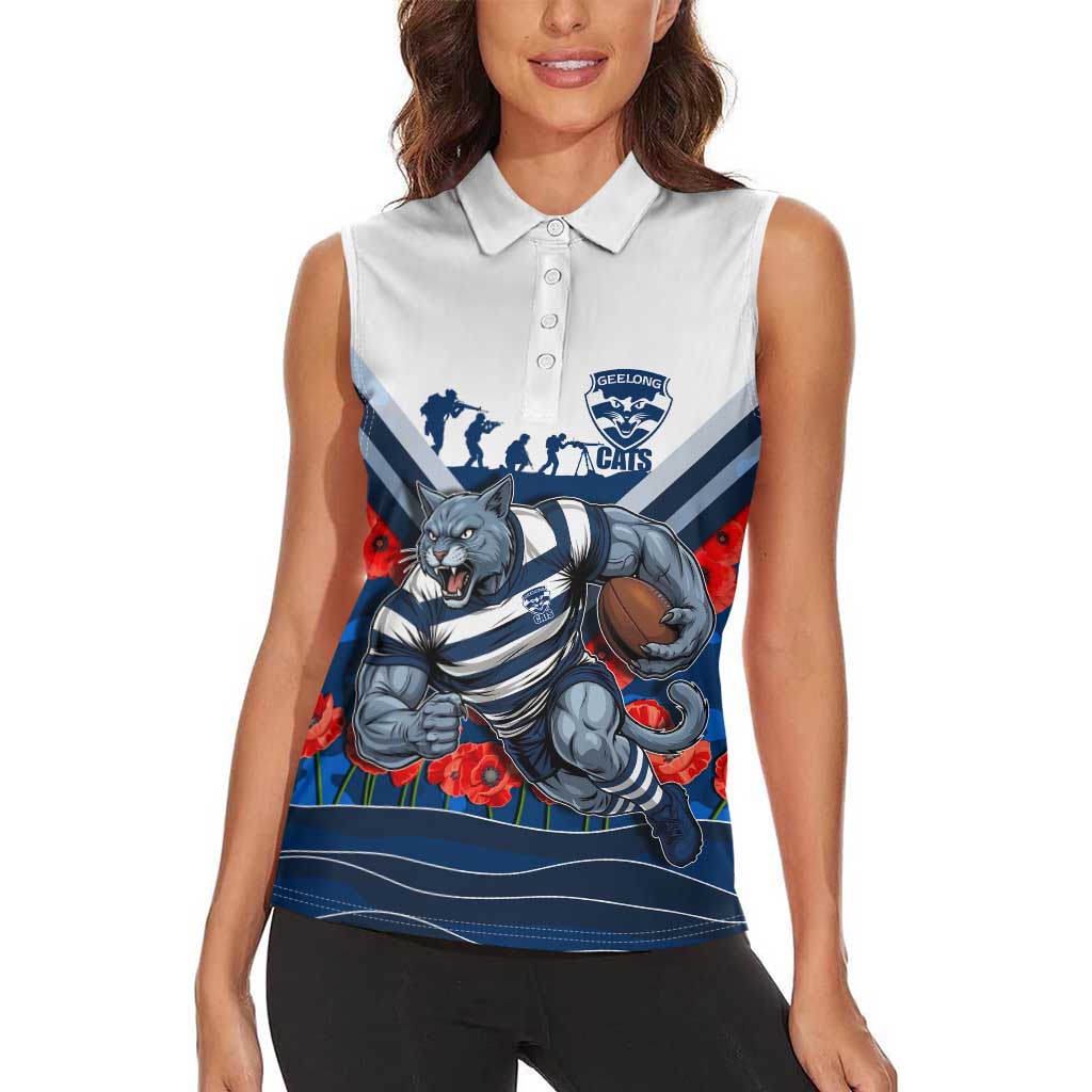 Personalised Geelong Cats ANZAC Women Sleeveless Polo Shirt Military Remembrance Australian Football Mascot Camouflage