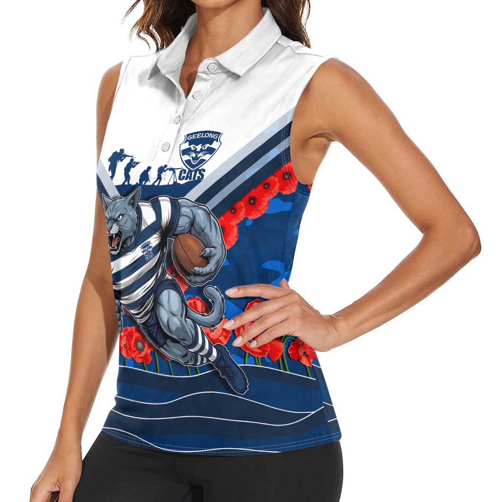 Personalised Geelong Cats ANZAC Women Sleeveless Polo Shirt Military Remembrance Australian Football Mascot Camouflage