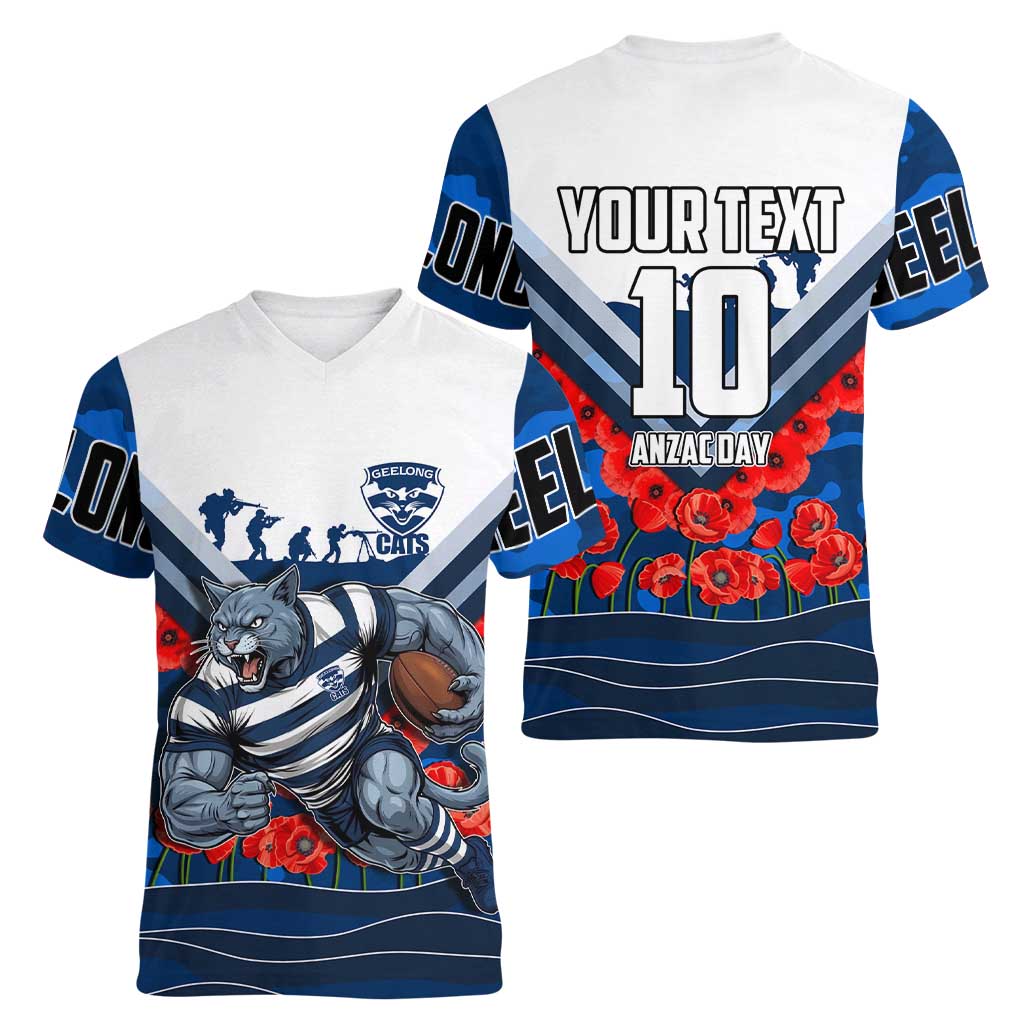 Personalised Geelong Cats ANZAC Women V-Neck T-Shirt Military Remembrance Australian Football Mascot Camouflage