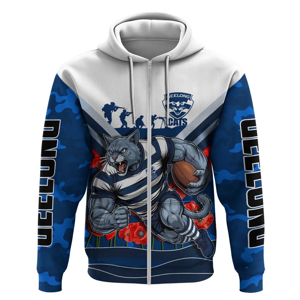 Personalised Geelong Cats ANZAC Zip Hoodie Military Remembrance Australian Football Mascot Camouflage