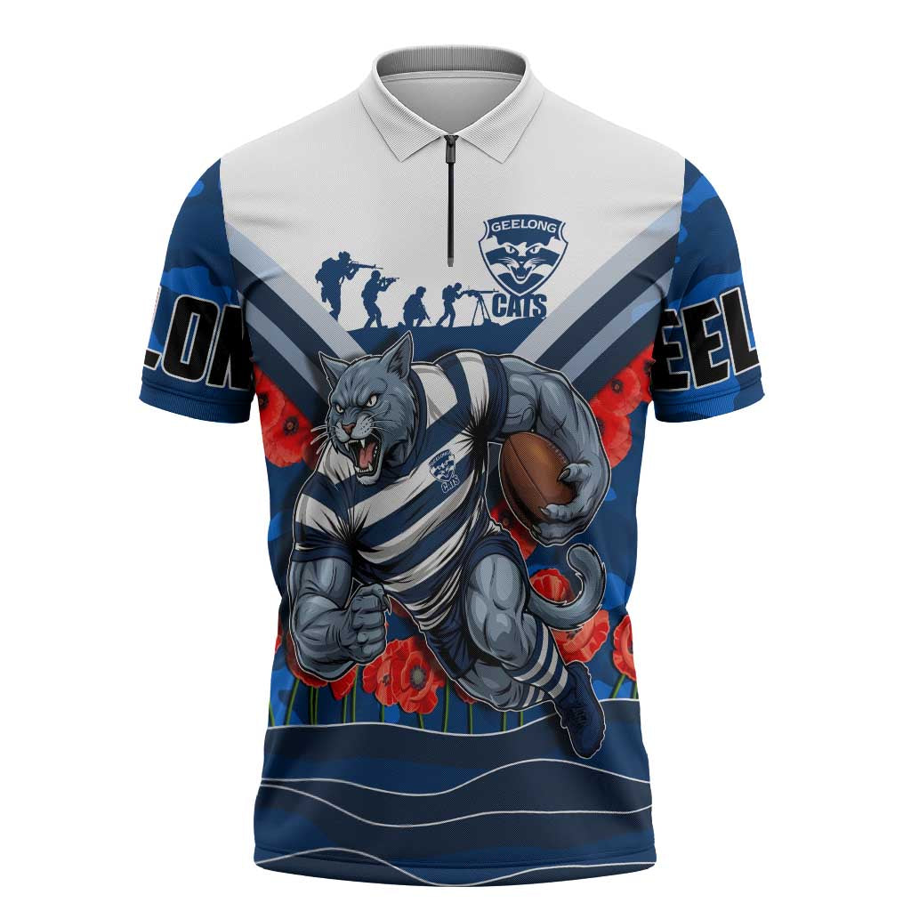 Personalised Geelong Cats ANZAC Zipper Polo Shirt Military Remembrance Australian Football Mascot Camouflage