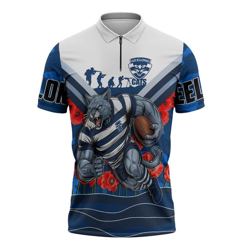 Personalised Geelong Cats ANZAC Zipper Polo Shirt Military Remembrance Australian Football Mascot Camouflage