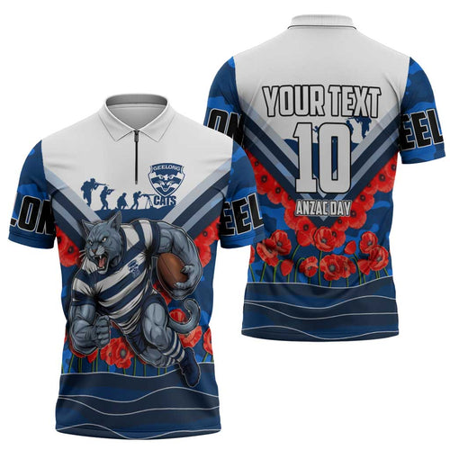 Personalised Geelong Cats ANZAC Zipper Polo Shirt Military Remembrance Australian Football Mascot Camouflage