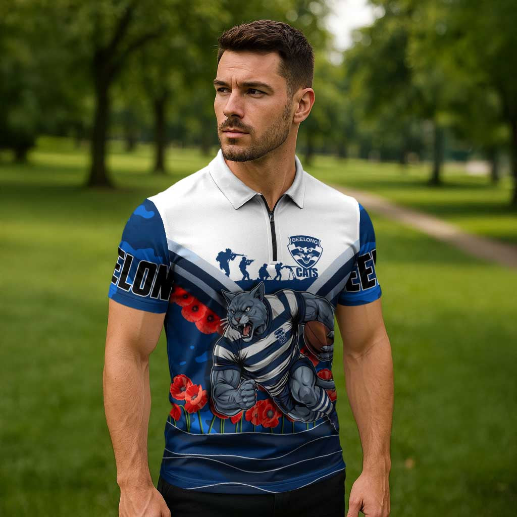 Personalised Geelong Cats ANZAC Zipper Polo Shirt Military Remembrance Australian Football Mascot Camouflage