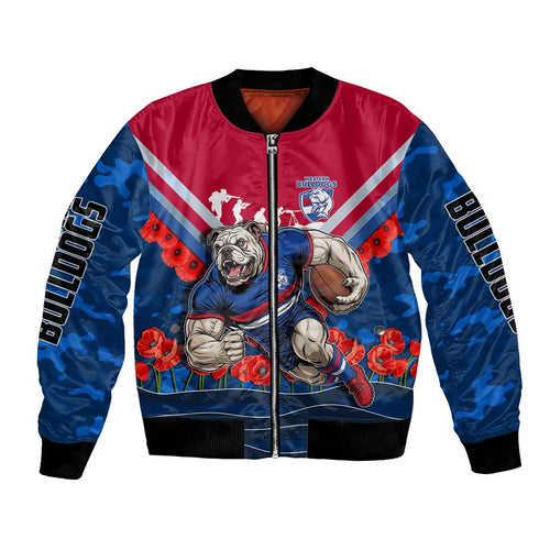 Personalised Western Bulldogs ANZAC Bomber Jacket Military Remembrance Australian Football Mascot Camouflage