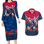 Personalised Western Bulldogs ANZAC Couples Matching Long Sleeve Bodycon Dress and Hawaiian Shirt Military Remembrance Australian Football Mascot Camouflage