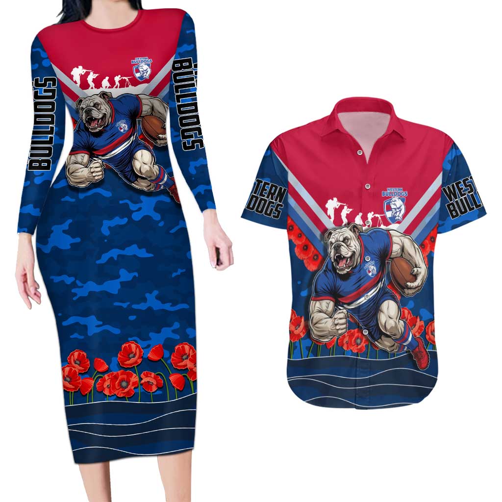 Personalised Western Bulldogs ANZAC Couples Matching Long Sleeve Bodycon Dress and Hawaiian Shirt Military Remembrance Australian Football Mascot Camouflage