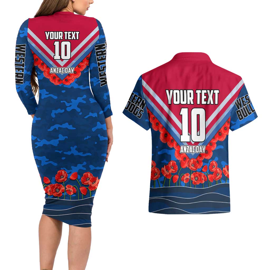 Personalised Western Bulldogs ANZAC Couples Matching Long Sleeve Bodycon Dress and Hawaiian Shirt Military Remembrance Australian Football Mascot Camouflage
