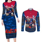 Personalised Western Bulldogs ANZAC Couples Matching Long Sleeve Bodycon Dress and Long Sleeve Button Shirt Military Remembrance Australian Football Mascot Camouflage