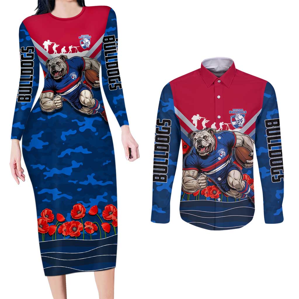Personalised Western Bulldogs ANZAC Couples Matching Long Sleeve Bodycon Dress and Long Sleeve Button Shirt Military Remembrance Australian Football Mascot Camouflage