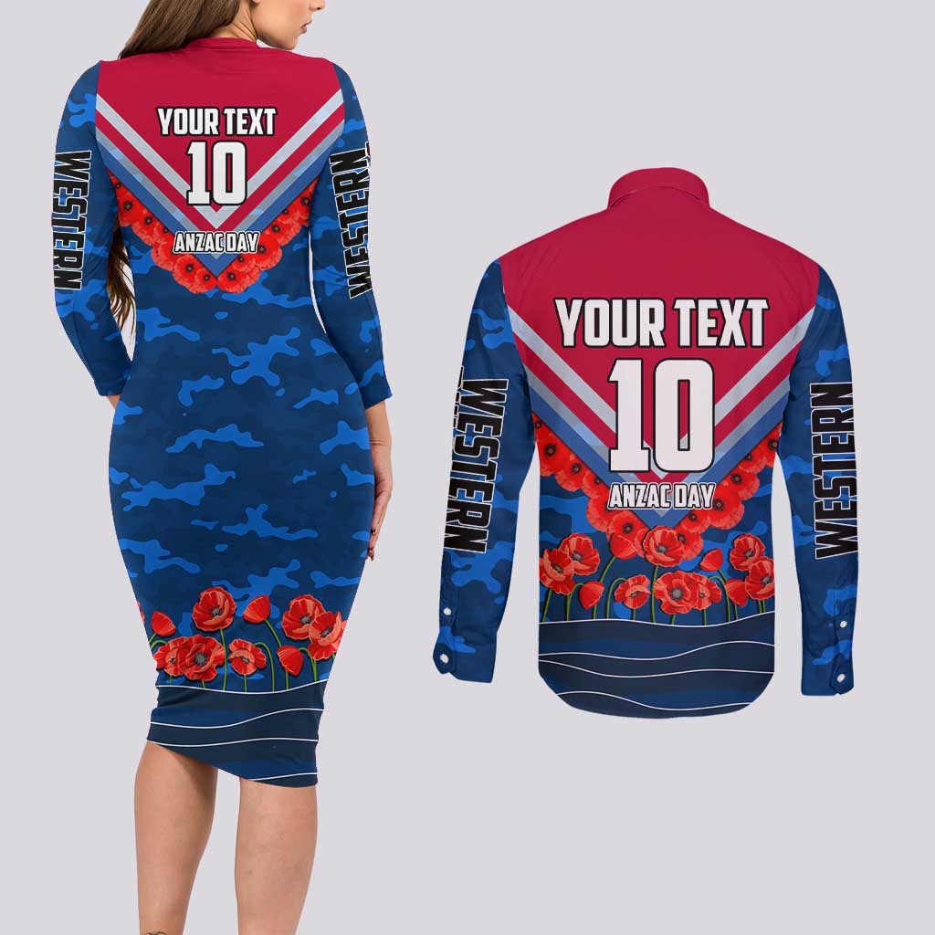 Personalised Western Bulldogs ANZAC Couples Matching Long Sleeve Bodycon Dress and Long Sleeve Button Shirt Military Remembrance Australian Football Mascot Camouflage
