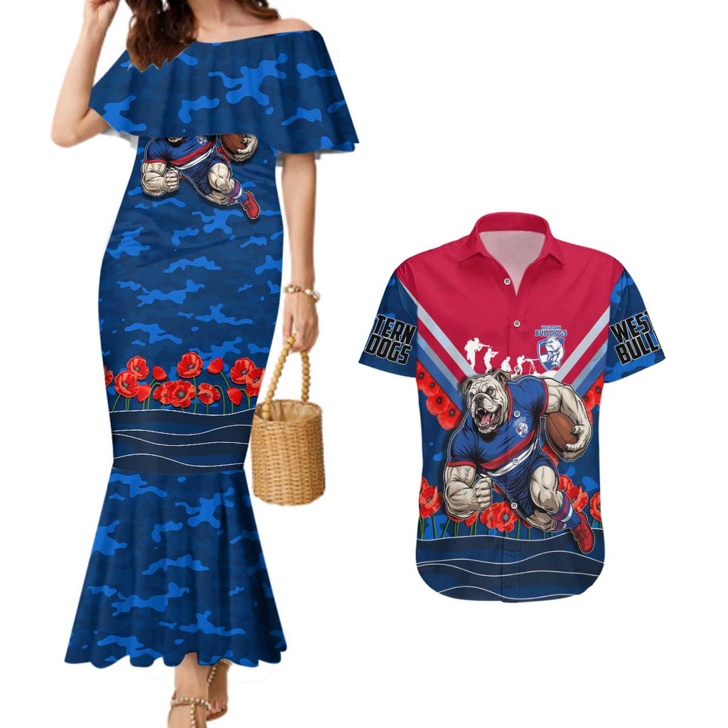 Personalised Western Bulldogs ANZAC Couples Matching Mermaid Dress and Hawaiian Shirt Military Remembrance Australian Football Mascot Camouflage
