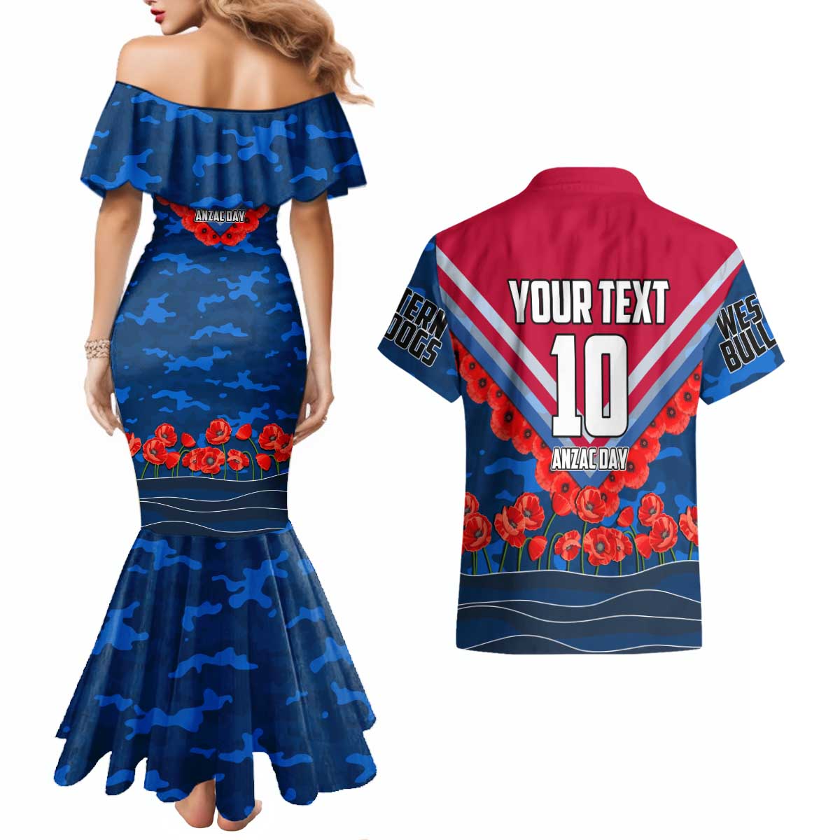 Personalised Western Bulldogs ANZAC Couples Matching Mermaid Dress and Hawaiian Shirt Military Remembrance Australian Football Mascot Camouflage