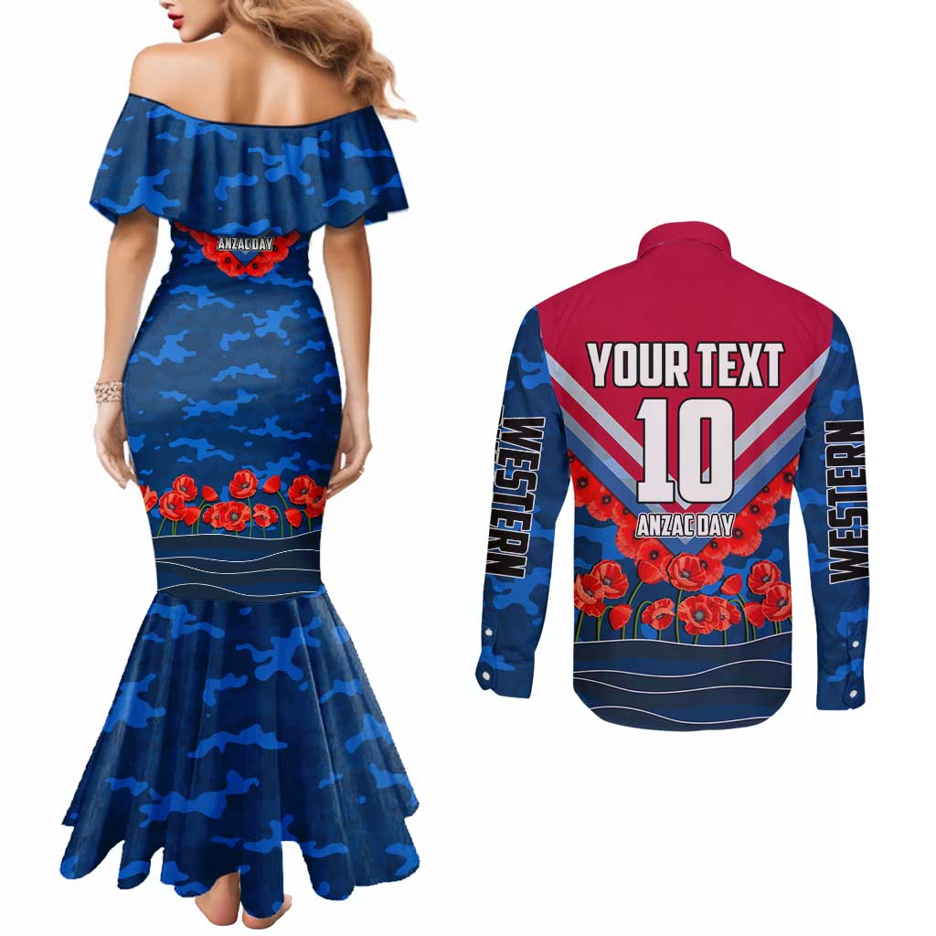 Personalised Western Bulldogs ANZAC Couples Matching Mermaid Dress and Long Sleeve Button Shirt Military Remembrance Australian Football Mascot Camouflage
