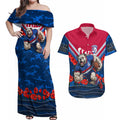 Personalised Western Bulldogs ANZAC Couples Matching Off Shoulder Maxi Dress and Hawaiian Shirt Military Remembrance Australian Football Mascot Camouflage